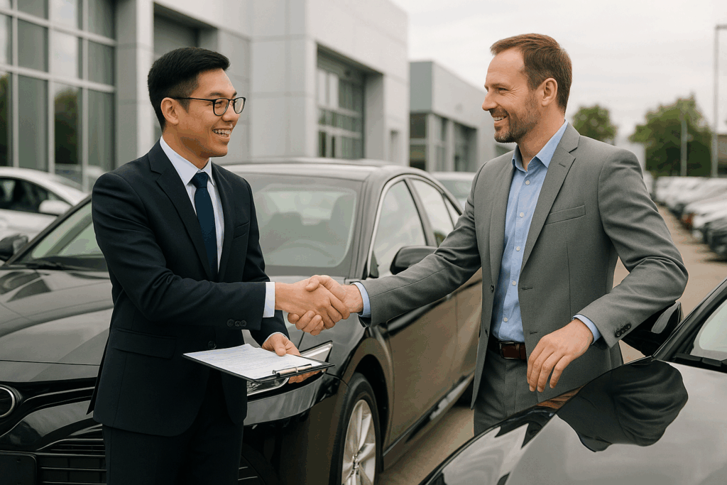 An image showing two men in process of buying and selling the car