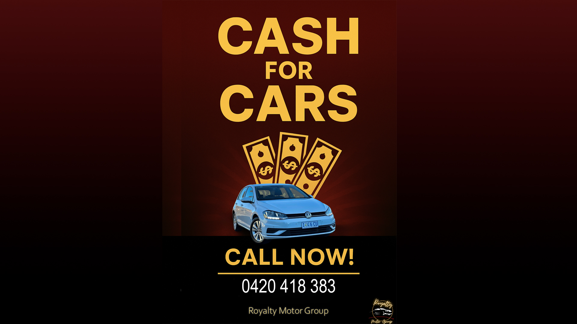 An advertisement saying Cash for Cars with an image of a car and a phone number